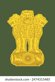 Escudo de armas emblema nacional indio con finos detalles leones en amarillo Verde. Ashoka chakra, República de India. Bharat, cresta constitucional para el pilar hindi del gobierno. Ejército, Armada, Ejército Delhi eps