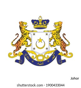 Coat of Arms of Johor is a Malaysian region. Vector heraldic emblem with text "Submit to Allah" written in Jawi