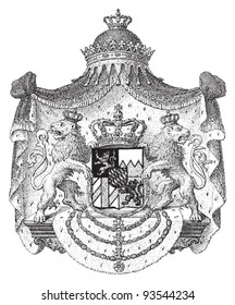 Coat Of Arms Of Kingdom Of Bavaria (Bayern) 1835–1918 (Germany)  / Illustration From Meyers Konversations-Lexikon 1897