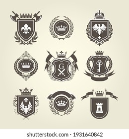 Coat of arms and knight blazon, heraldic shields, vector