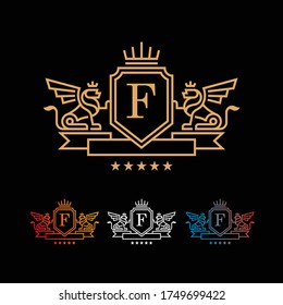 Coat of Arms Letter 'F' Company, mono line design. vector icon illustration