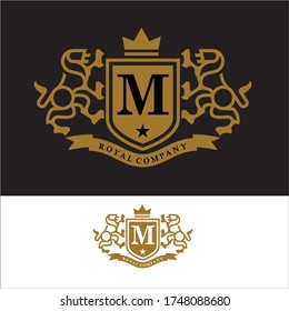 Coat of Arms Letter 'M' Company, mono line design. vector icon illustration