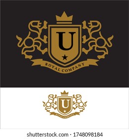 Coat of Arms Letter 'U' Company, mono line design. vector icon illustration