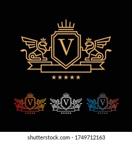 Coat of Arms Letter 'V' Company, mono line design. vector icon illustration