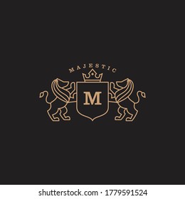 Coat Of Arms Lion Majestic Logo With Luxury. Icon. Vector Illustration