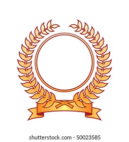 Coat of arms located on a white background. It consists of a wreath and ribbon. In the center of the emblem, empty place.