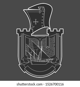 Coat of arms made in a linear style with a book, helmet and ship. in the dark