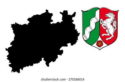 Coat of arms of North Rhine-Westphalia, Vector Map of North Rhine-Westphalia, high detailed silhouette illustration isolated on white background. Province in Germany. 