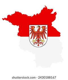 Coat of arms on Brandenburg map flag vector silhouette illustration isolated on white background. Province in Germany.  Emblem, shield, national symbol Brandenburg.
