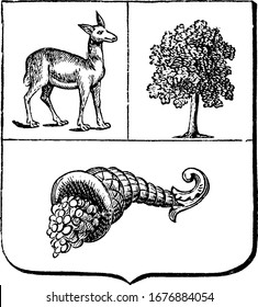 Coat of Arms, Peru, shows three elements, the vicuña, the national animal, cinchona tree and cornucopia with coins spilling from it at the bottom, vintage line drawing or engraving illustration.