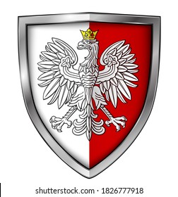 Coat of Arms of Poland, national symbol icon design - white eagle on shield, 3D vector illustration.