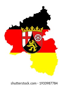 Coat of arms of Rhineland-Palatinate over vector map with flag silhouette illustration isolated on white background. Germany state. Rhineland-Palatinat, province in Germany. 