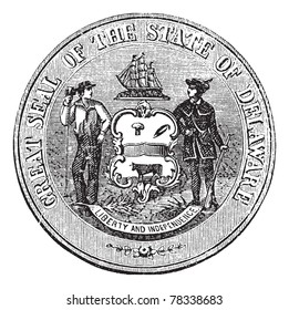 Coat of Arms or Seal of Delaware, USA, during 1847 to 1906, vintage engraving. Old engraved illustration of the Coat of Arms or Seal of Delaware. Trousset Encyclopedia