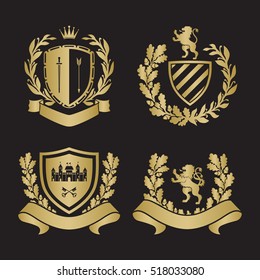 Coat of arms set. Based on and inspired by old heraldry. With Lion, laurel and oak wreaths and ribbons