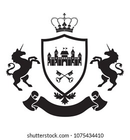 Coat of arms - shield with crown, keys and stronghold, two standing unicorns at sides. Based on and inspired by old heraldry.
