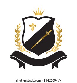 Coat of arms - shield with crown, laurel wreath at the sides, sword and fleur-de-lis. Based on and inspired by old heraldry.