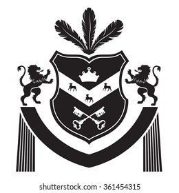 Coat of arms - shield with feathers, crown, three deers, two lions at the sides. Based on and inspired by old heraldry.