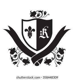 Coat of arms - shield with fleur-de-lys, K letter and flowers at the sides. Based on and inspired by old heraldry.