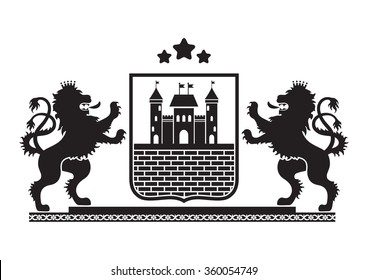 Coat of arms - shield with fortress, brick wall and two standing lions at sides on plinth. Based on and inspired by old heraldry.