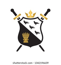 Coat of arms - shield with sheaf and birds, swords at sides, crown at top. Based on and inspired by old heraldry.