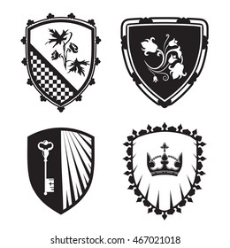 Coat of arms - shield silhouettes with crown, key, flowers. For signs and symbols (safety, security, military, medieval). Based on and inspired by old heraldry.