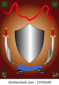 Coat of arms with a shield, swords, red and blue ribbons isolated on brown