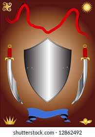 Coat of arms with a shield, swords, red and blue ribbons isolated on brown