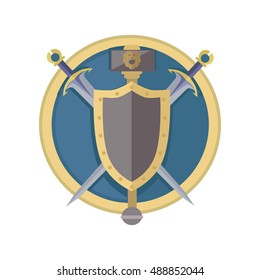 Coat of arms shield with swords vector in flat style design. Cold weapon and armor game models. Illustration for games industry concepts, icons and pictograms. Isolated on white background.