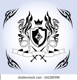 Coat of arms. Shield and two dragons. Vector.