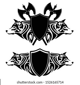 Escudo de armas con escudo, cabezas de lobo y hachas de batalla vikingas - diseño heráldico de Vector blanco y negro
