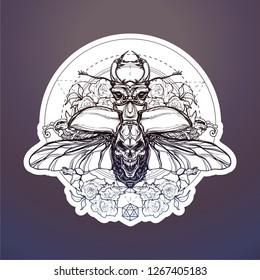 Coat of arms with skull and Insect beetle.Vector illustration.Winged bug with Dead Head and crown. Esoteric symbol, sacred geometry. Decorative design for stickers, tattoo, posters, t-shirt and patch.
