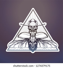Coat of arms with skull and Insect beetle.Vector illustration.Winged bug with Dead Head and crown. Esoteric symbol, sacred geometry. Decorative design for stickers, tattoo, posters, t-shirt and patch.