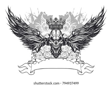 Coat of arms with skull,demonic wings, crown,roses,ribbon for lettering.Vector illustration isolated graphic. Sketch for tattoo, hipster t-shirt design, posters. Decorative element vintage style.