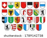 Coat of arms of Switzerland and Swiss cantons, vector heraldry. Heraldic shields with emblems of Zurich, Bern, Lucerne and Geneva, Uri, Schwyz, Obwalden and Nidwalden, Glarus, Zug and Fribourg