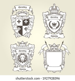 Coat of arms templates, heraldic shield with blazons, royal coronet, vector