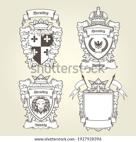 Coat of arms templates, heraldic shield with blazons, royal coronet, vector