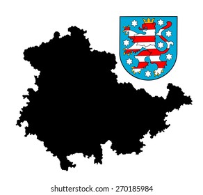 Coat of arms of Thuringia, Germany. Original flag isolated vector in official colors and Proportion Correctly, High detailed vector map - Thuringen black silhouette iisolated. ProvInce in Germany. 