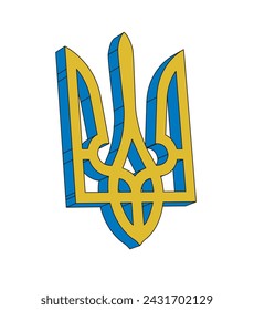 The Coat of Arms trident icon of Ukraine in blue and yellow and 3D