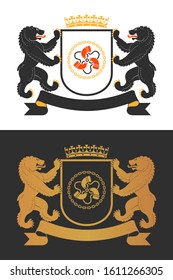 Coat of the arms. Two bears hold a shield. Color and two-tone versions. Vintage design heraldic symbols and elements