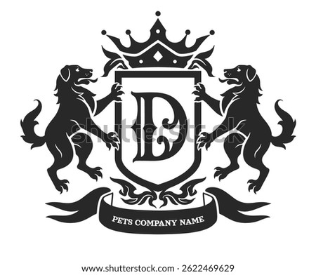 Coat of arms with two dogs, ribbon and decorative letter D in the shield. There are a crown and floral decorations on the top of the shield.