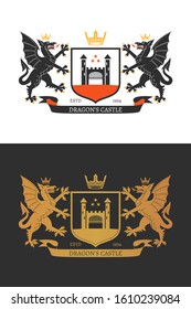 Coat of the arms. Two dragons hold a shield. Color and two-tone versions. Vintage design heraldic symbols and elements