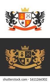 Coat of the arms. Two griffons hold a shield. Color and two-tone versions. Vintage design heraldic symbols and elements