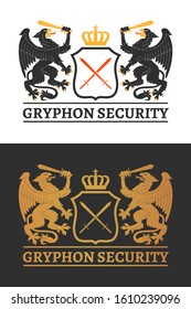 Coat of the arms. Two gryphons with a swords hold a shield. Color and two-tone versions. Vintage design heraldic symbols and elements