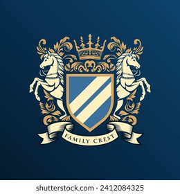 COAT OF ARMS WITH TWO HORSES, A SHIELD AND A CROWN IN  BLUE AND GOLD COLORS