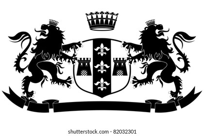 Coat of arms with two lions and crown on white background