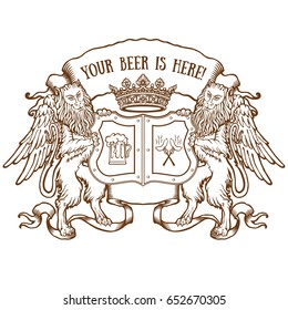 Coat of arms with two winged lions & beer on shield; RGB EPS 10 vector illustration