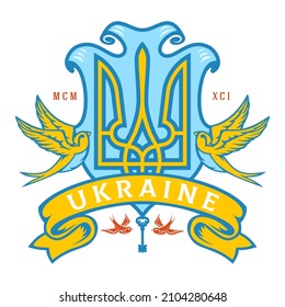 Coat of arms Ukraine with color swallows, ribbon and key isolated on white background. Creative design composition for print, branding. Vector illustration.