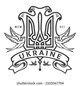 Coat of arms Ukraine with monochrome swallows, ribbon and key isolated on white background. Creative design composition for print, branding. Vector illustration.