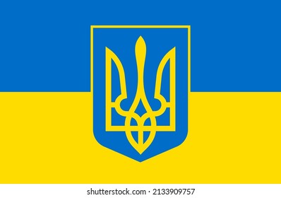 Wappen der Ukraine. Trident-Symbol. Staatsemblem auf dem Hintergrund auf der Flagge. Nationale ukrainische Flagge. Vektorgrafik.