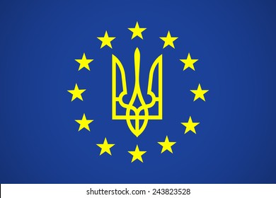 Coat Of Arms Of Ukraine UA With Flag of European Union EU. Vector Icon Illustration For Your Business Presentations